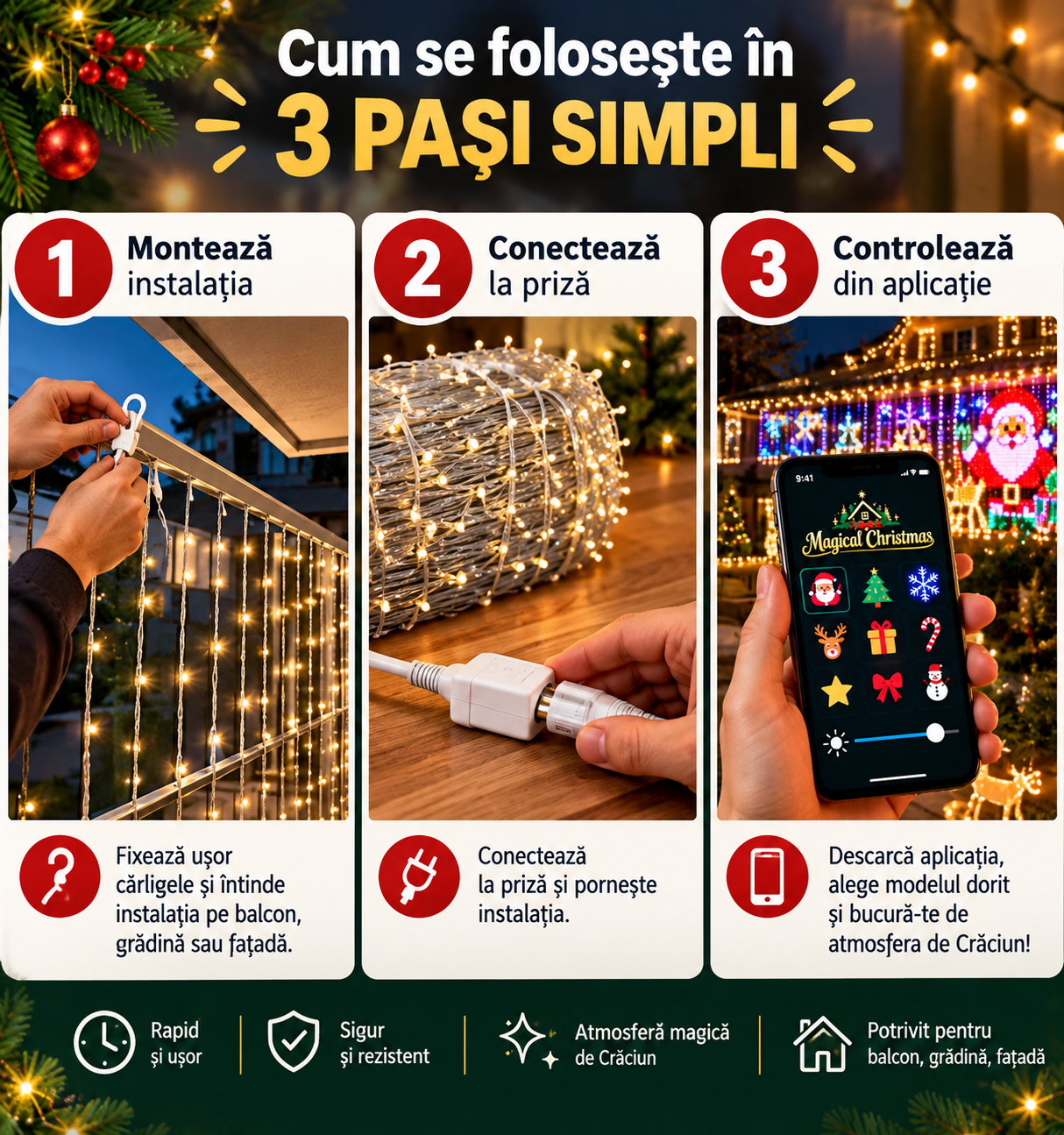 Utilizare în 3 pași perdea luminoasă