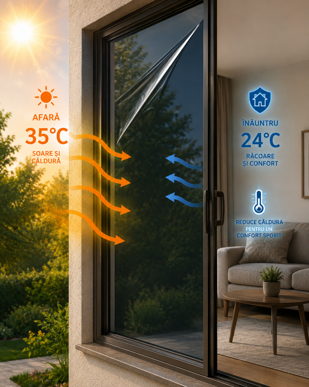 1+1 Bandă Solară pentru Geamuri cu Efect Oglindă+ Racletă și Kit Montaj