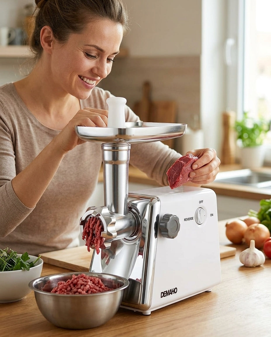 Mașina Electrică de Tocat Carne DEMAHO+ Accesoriu Cârnați 5-în-1, CADOU