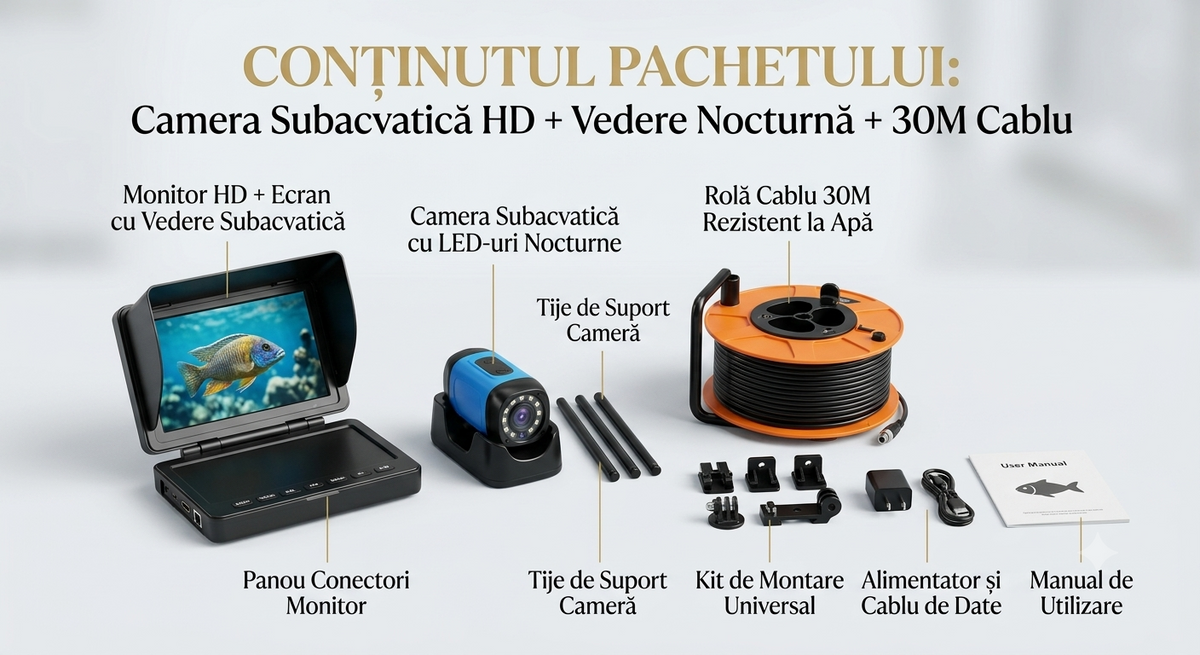 1+1 Camera Subacvatică HD pentru Pescuit + Vedere Nocturnă + Cablu 30M